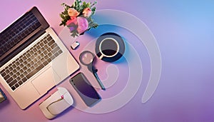 Office desk table with computer, supplies, flower and coffee cup. Top view with copy space