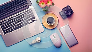 Office desk table with computer, supplies, flower and coffee cup. Top view with copy space