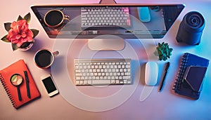 Office desk table with computer, supplies, flower and coffee cup. Top view with copy space