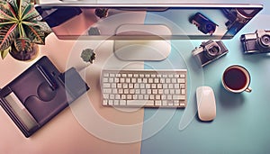 Office desk table with computer, supplies, flower and coffee cup. Top view with copy space