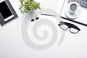 Office desk table with supplies. Flat lay Business workplace and objects. Top view. Copy space for text