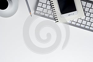 Office desk table with supplies. Flat lay Business workplace and objects. Top view. Copy space for text