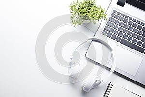 Office desk table with supplies. Flat lay Business workplace and objects. Top view. Copy space for text