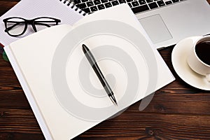 Office desk table with supplies. Flat lay Business workplace and objects. Top view. Copy space for text