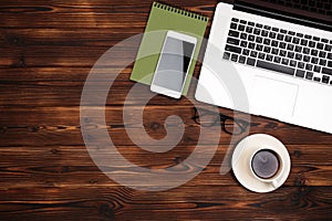 Office desk table with supplies. Flat lay Business workplace and objects. Top view. Copy space for text