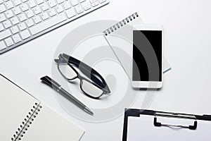 Office desk table with supplies. Flat lay Business workplace and objects. Top view. Copy space for text