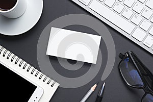 Office desk table with supplies. Flat lay Business workplace and objects. Top view. Copy space for text