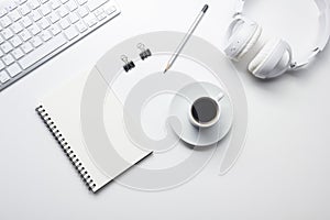 Office desk table with supplies. Flat lay Business workplace and objects. Top view. Copy space for text