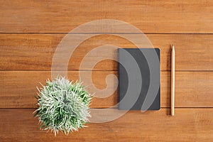 Office desk wooden table background with mock up notebooks and pencil and plant. Top view with copy space, flat lay photography.