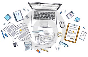 Office desk workspace top view with laptop computer and analytics papers with graphs and data and stationery objects on table. All