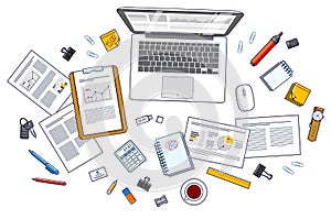 Office desk workspace top view with laptop computer and analytics papers with graphs and data and stationery objects on table. All