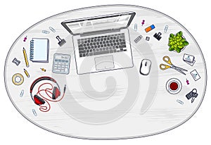 Office desk workspace top view with laptop computer and diverse photo