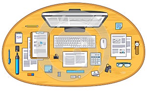 Office desk workspace top view with PC computer and analytics pa photo