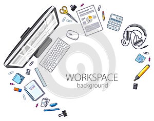 Office desk workspace top view with PC computer and diverse stat photo