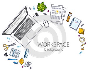 Office desk workspace top view with PC computer and diverse stationery objects for work with copy space for text. All elements are photo