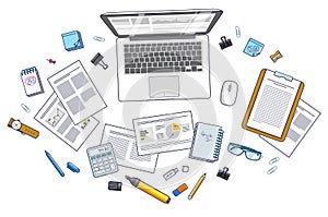 Office desk workspace top view with PC notebook and analytics papers with graphs and data and stationery objects on table. All