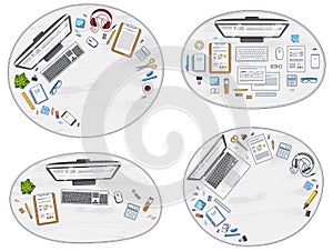 Office desks workspaces top view with PC and laptops and divers photo