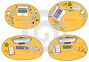 Office desks workspaces top view with PC and laptops and divers photo