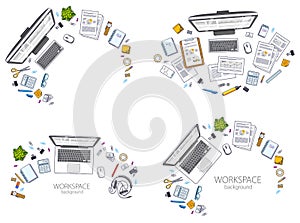 Office desks workspaces top view with PC and laptops  and diverse stationery objects for work, overhead look. All elements are