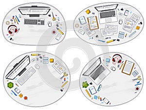 Office desks workspaces top view with PC and laptops and diverse stationery objects for work, overhead look. All elements are photo