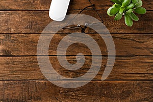 Office desktop with computer mouse, eyeglasses and green succulent on wooden table.