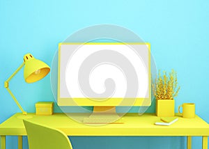 office desktop in yellow and blue