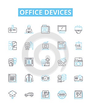 Office devices vector line icons set. Printers, Copiers, Computers, Monitors, Scanners, Faxes, Phones illustration