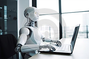office digital hand robot artificial laptop technology ai paper document. Generative AI.
