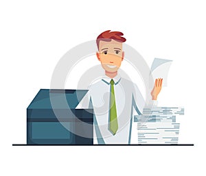 Office documents copier. Office worker prints documents on the copier. Man works on a photocopier. Concept of office