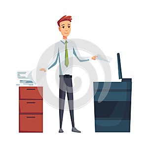 Office documents copier. Office worker prints documents on the copier. Man works on a photocopier. Concept of office