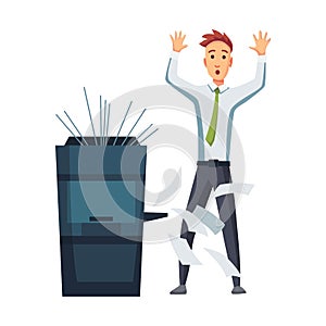 Office documents copier. Office worker prints documents on the copier. Man works on a photocopier. Concept of office