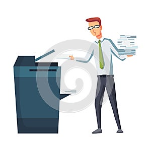 Office documents copier. Office worker prints documents on the copier. Man works on a photocopier. Concept of office