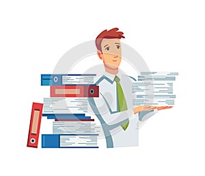 Office documents from copier. Office worker with stack of documents. Concept man of office work