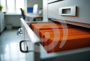 Office drawer partially open revealing orange file folders inside