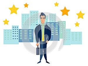 Office employee on the background of the metropolis, city. In minimalist style. Cartoon flat vector