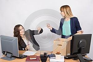 Office employee humiliating gesture of laid-off colleagues who fights back