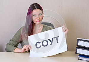 Office employee with a sign