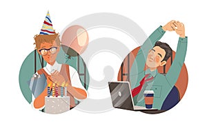 Office employees performing various activities set. People celebrating birthday and drinking coffee cartoon vector