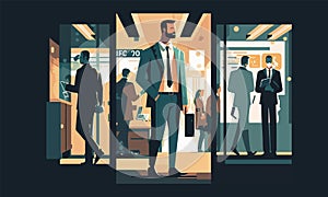 Office Entrance: Flat Vector Illustration of a Suited Man Standing at the Entry of a Busy Workplace. Professional Environment with