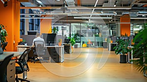An office environment with employees adapting to new technology
