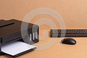 Office Equipment On Wooden Background Close-Up