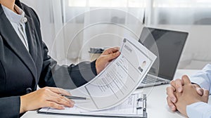 Office executives hand holding pen and interviewing job applicants in the meeting room. employer conversation summary work