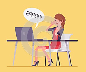 Office female clerk afraid of computer failure, hardware, software error
