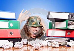 Office fight concept with female worker