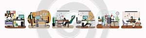 Office fitness set, flat vector isolated illustration. Business people meditating, doing sport exercises. Office workout