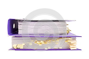 Office folder with documents and yellow bookmarks. White isolated background