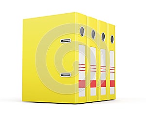 Office folders standing in a row. Yellow ring binders. 3d render