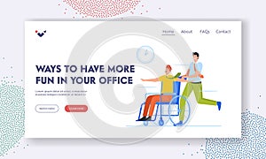 Office Fun Landing Page Template. Colleague Rolling Person in Wheelchair around the Office. Business People Fooling