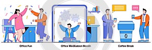 Office fun, meditation booth, coffee break concept with people character. Stress management at work vector illustration set.