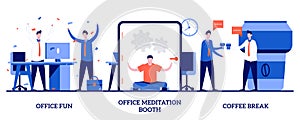 Office fun, meditation booth, coffee break concept with tiny people. Stress management at work vector illustration set. Employee